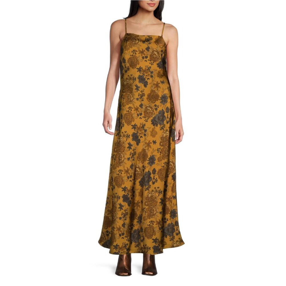 Blu Pepper Mustard Floral Satin Maxi Dress – L